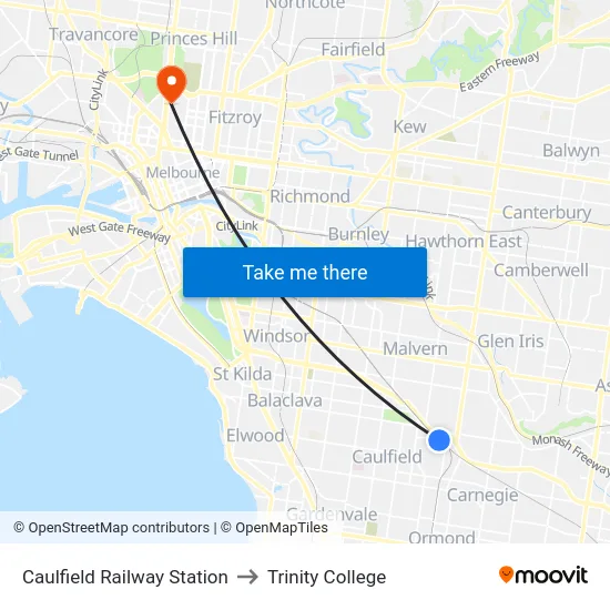 Caulfield Railway Station to Trinity College map