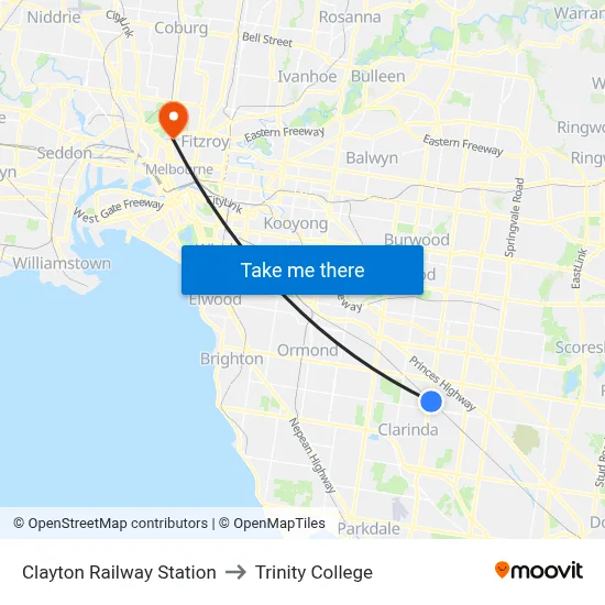 Clayton Railway Station to Trinity College map