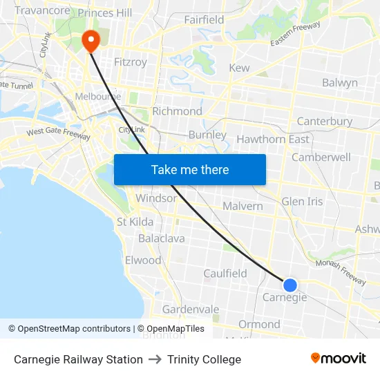Carnegie Railway Station to Trinity College map
