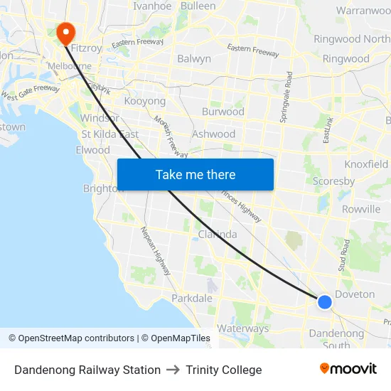 Dandenong Railway Station to Trinity College map