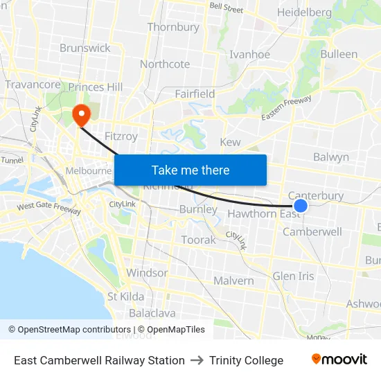 East Camberwell Railway Station to Trinity College map