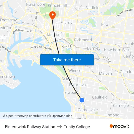 Elsternwick Railway Station to Trinity College map
