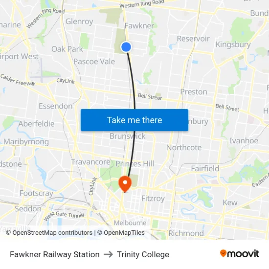 Fawkner Railway Station to Trinity College map