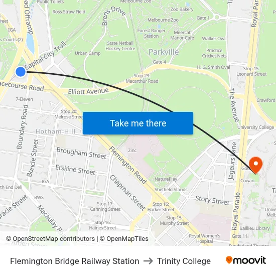 Flemington Bridge Railway Station to Trinity College map
