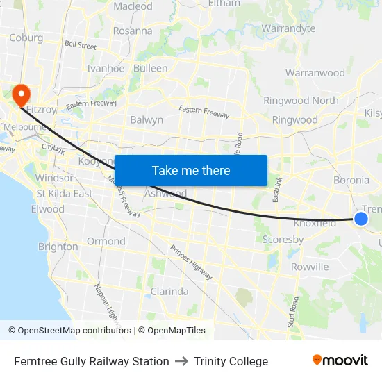 Ferntree Gully Railway Station to Trinity College map