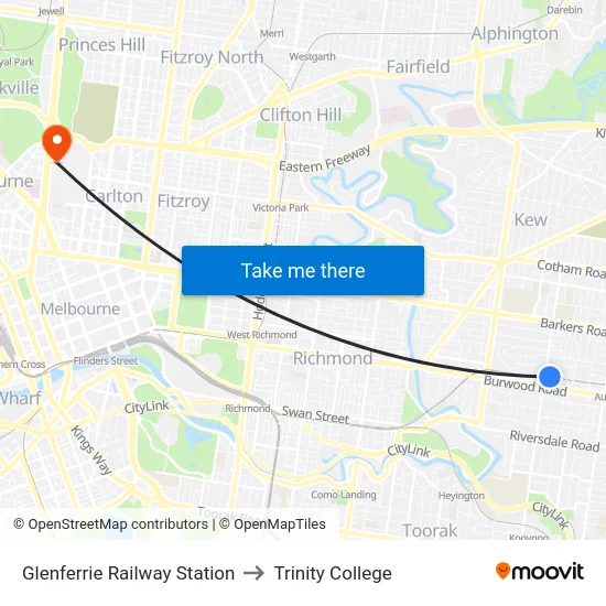 Glenferrie Railway Station to Trinity College map