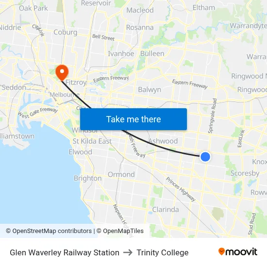 Glen Waverley Railway Station to Trinity College map