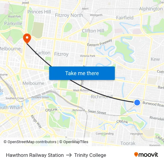 Hawthorn Railway Station to Trinity College map