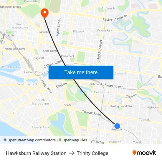 Hawksburn Railway Station to Trinity College map