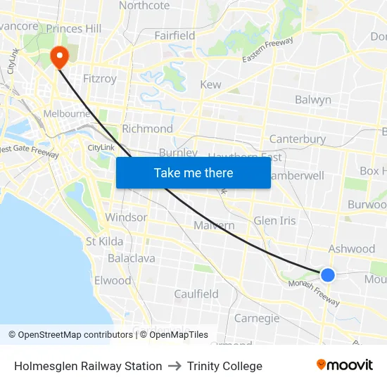 Holmesglen Railway Station to Trinity College map