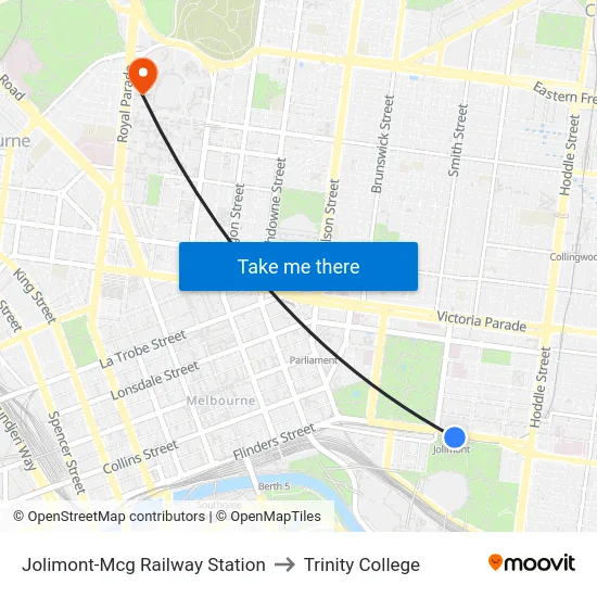 Jolimont-Mcg Railway Station to Trinity College map