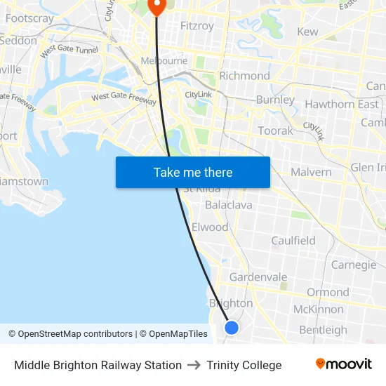 Middle Brighton Railway Station to Trinity College map