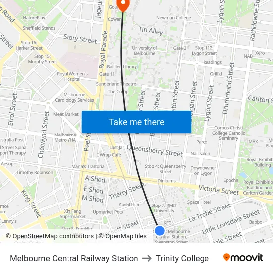 Melbourne Central Railway Station to Trinity College map