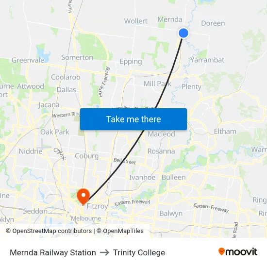 Mernda Railway Station to Trinity College map
