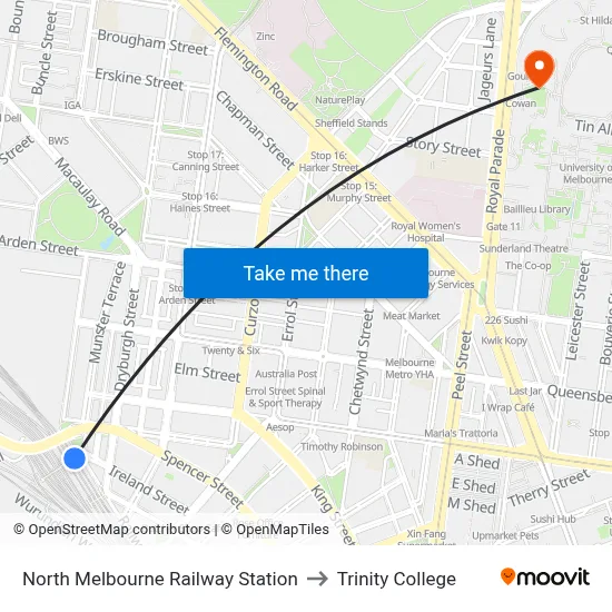 North Melbourne Railway Station to Trinity College map