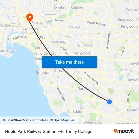 Noble Park Railway Station to Trinity College map