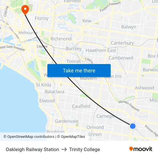 Oakleigh Railway Station to Trinity College map