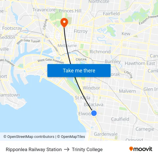 Ripponlea Railway Station to Trinity College map