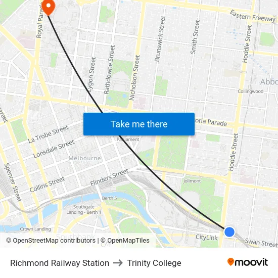 Richmond Railway Station to Trinity College map