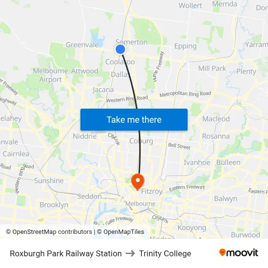 Roxburgh Park Railway Station to Trinity College map