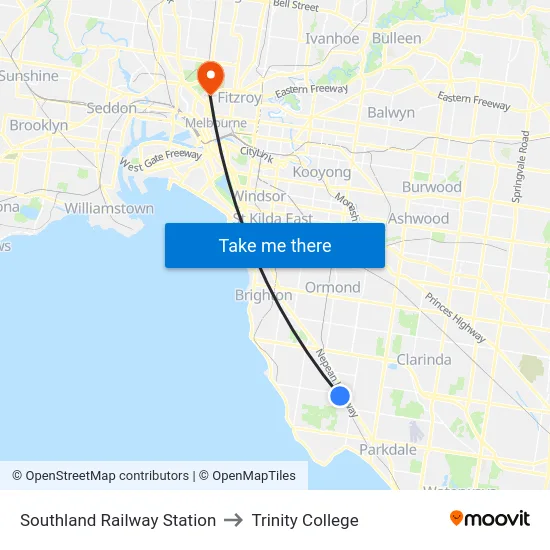 Southland Railway Station to Trinity College map