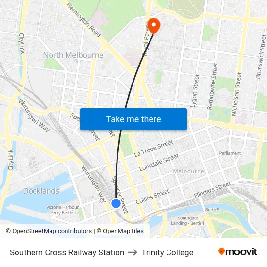 Southern Cross Railway Station to Trinity College map