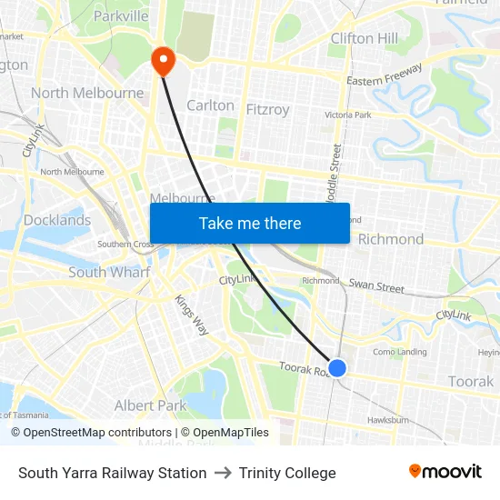 South Yarra Railway Station to Trinity College map