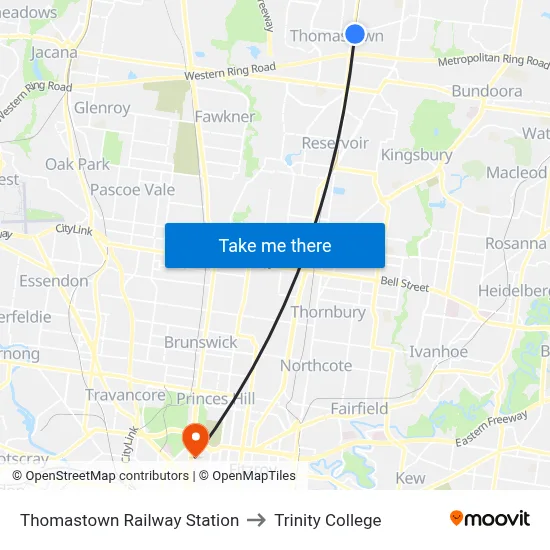 Thomastown Railway Station to Trinity College map