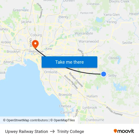 Upwey Railway Station to Trinity College map