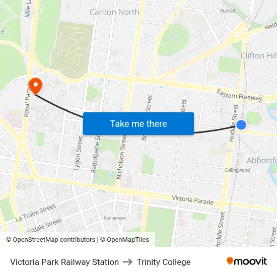 Victoria Park Railway Station to Trinity College map