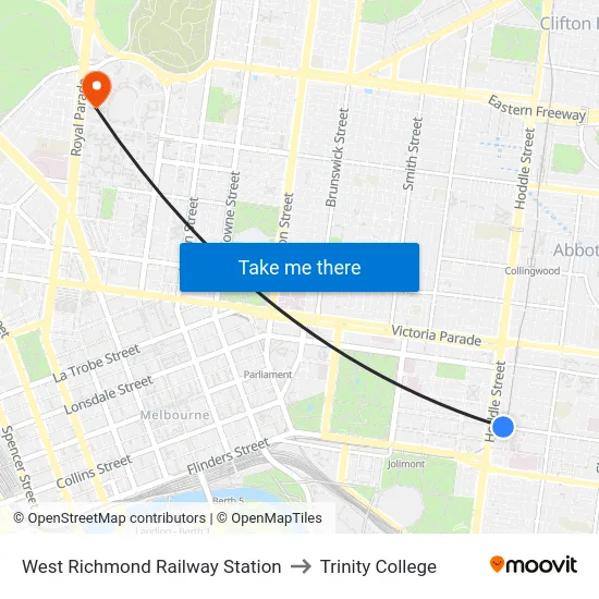 West Richmond Railway Station to Trinity College map