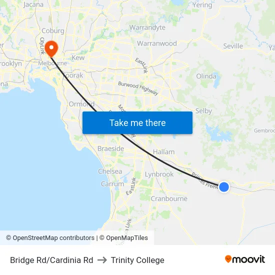 Bridge Rd/Cardinia Rd to Trinity College map