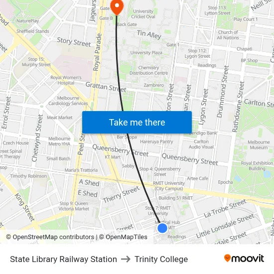 State Library Railway Station to Trinity College map