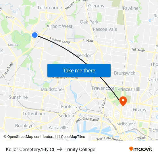 Keilor Cemetery/Ely Ct to Trinity College map