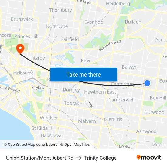 Union Station/Mont Albert Rd to Trinity College map