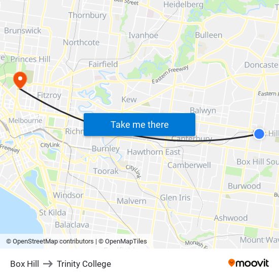 Box Hill to Trinity College map