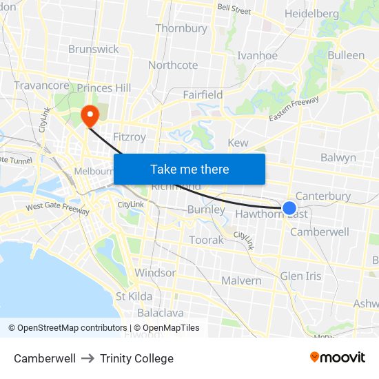 Camberwell to Trinity College map