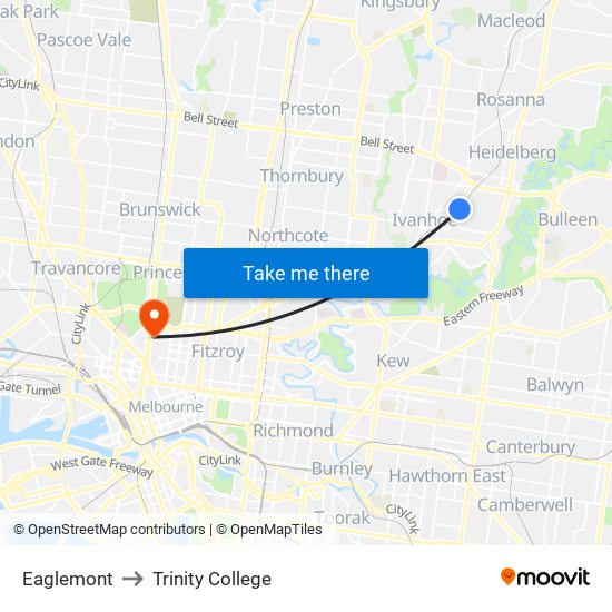 Eaglemont to Trinity College map