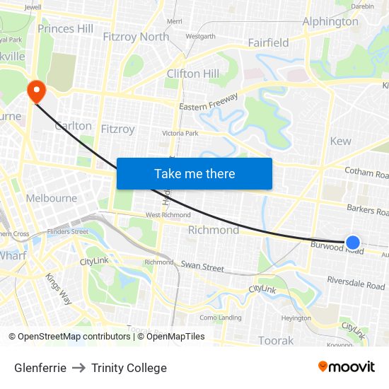 Glenferrie to Trinity College map