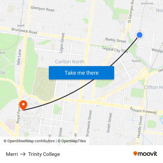 Merri to Trinity College map