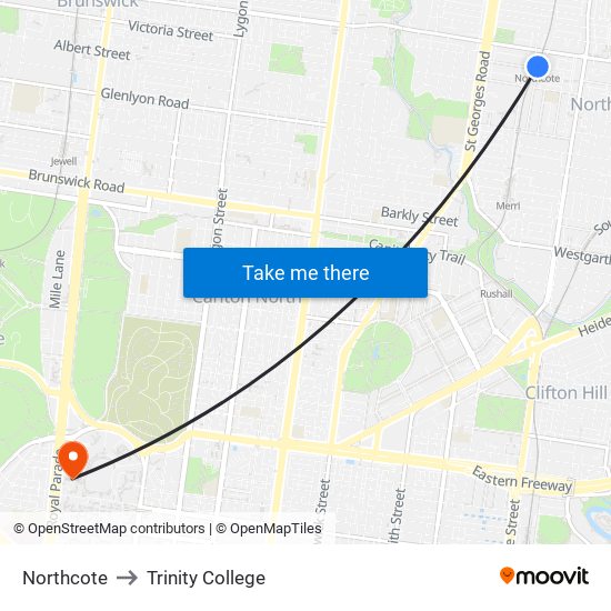 Northcote to Trinity College map