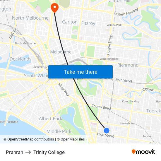 Prahran to Trinity College map