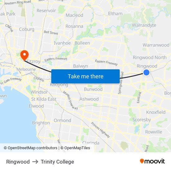 Ringwood to Trinity College map