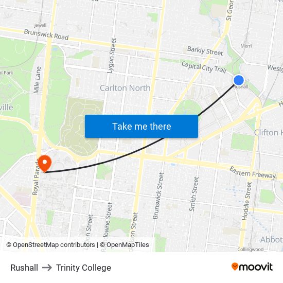 Rushall to Trinity College map