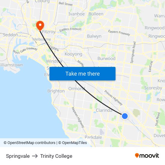 Springvale to Trinity College map