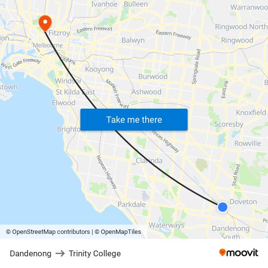 Dandenong to Trinity College map