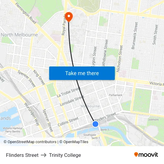 Flinders Street to Trinity College map
