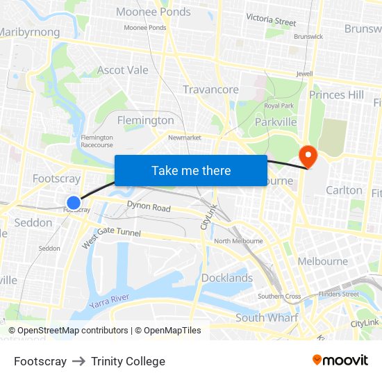 Footscray to Trinity College map