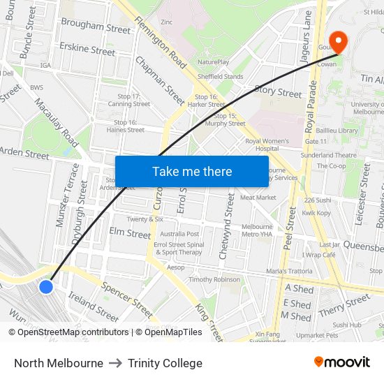 North Melbourne to Trinity College map