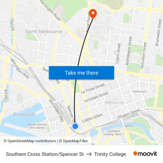 Southern Cross Station/Spencer St to Trinity College map